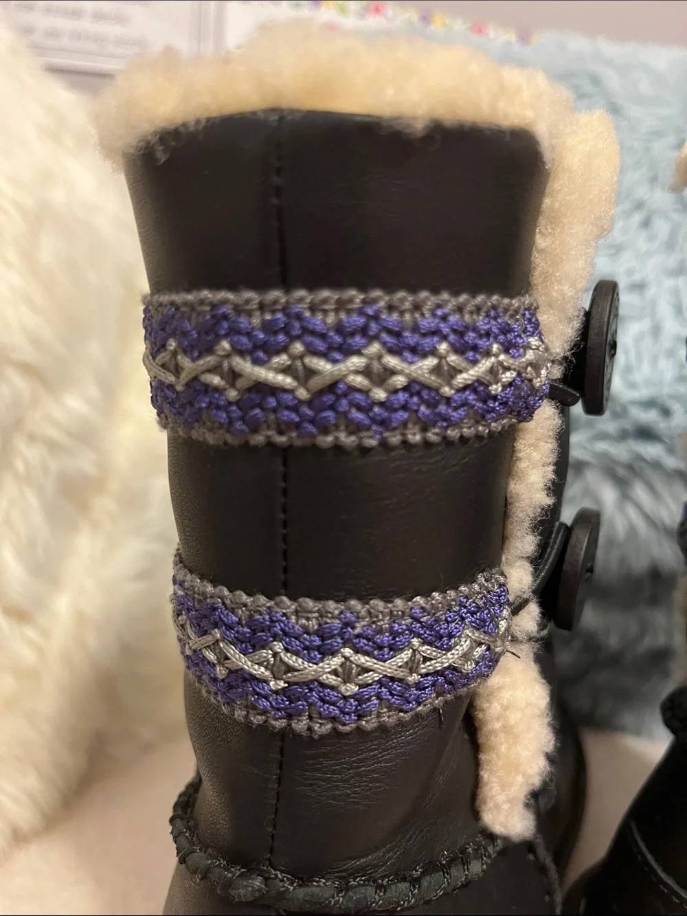 UGG Black Leather Shearling Winter Boots with Purple Trim